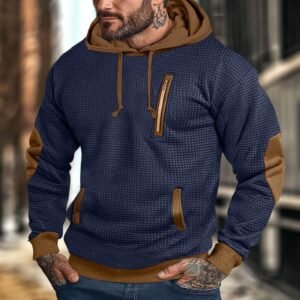 Men's Vintage Waffle Contrast Elbow Patches Pocket Hoodie